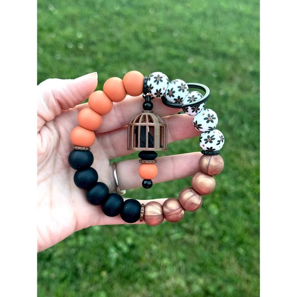 Handmade Accessories - Handmade Caged Raven 3D Printed Bead Wristlet Keychain Orange Black Floral